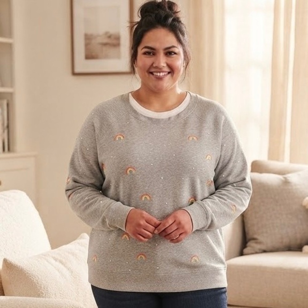 Old Navy Womens 4X Gray Rainbow Embroidered Raglan Crew Neck Fleece Sweatshirt